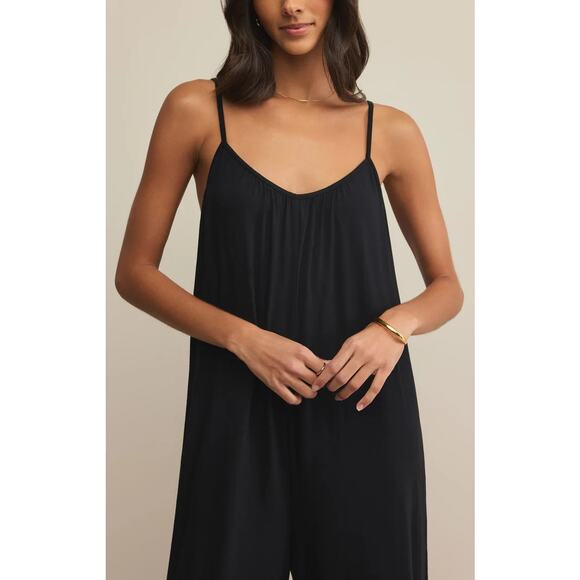 Z Supply Women's Black Scoop Neck Cropped Length Flared Jumpsuit Size Large - Picture 4 of 9